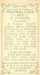 1933 Wills's Victorian Footballers (Small) #140 Jack Hanson Back